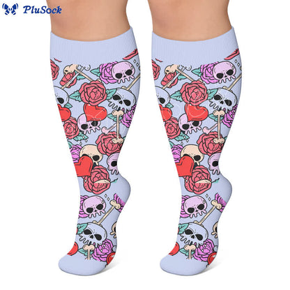 Rosa Kompressionsstrümpfe mit Totenkopf-Herzaugenmuster in Übergröße - image 7