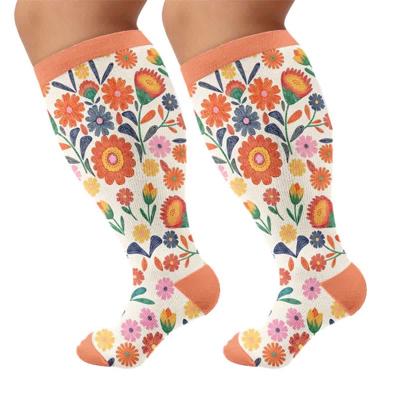 Kompressionsstrümpfe mit hellem Blumenmuster in Übergröße - Orange (1 Paar) - 4XL - image 9