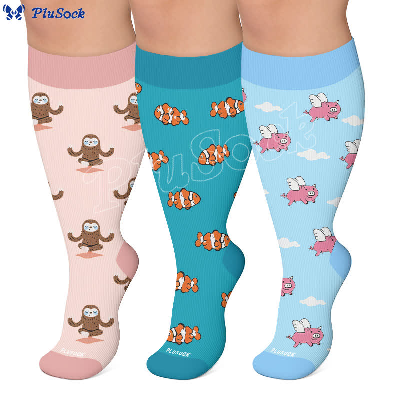 Kompressionsstrümpfe mit Faultier-Clownfisch-Motiv in Übergröße - image 0