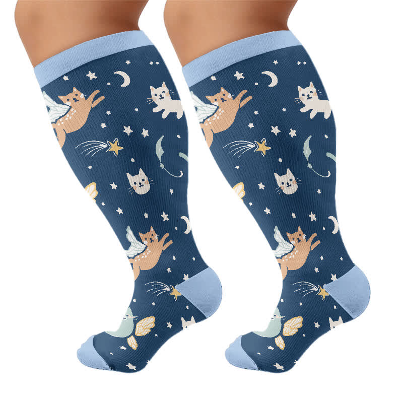 Kompressionsstrümpfe mit Schmetterlingsmotiv und Katzenmotiv in Übergröße - Blau (1 Paar) - 4XL - image 8
