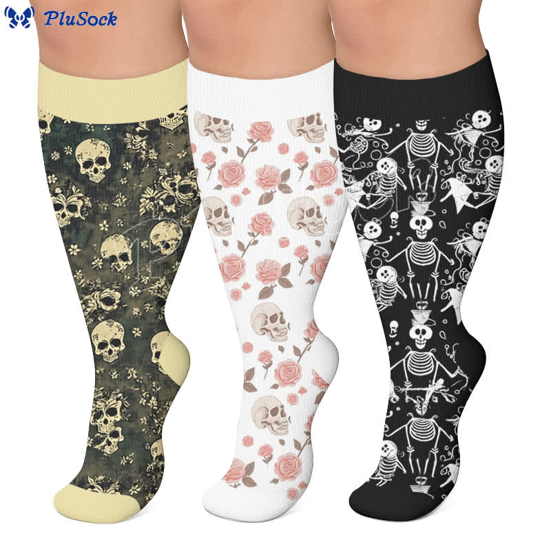 Kompressionsstrümpfe in Übergröße mit olivgrünem Totenkopf- und Blumenmuster - image 0