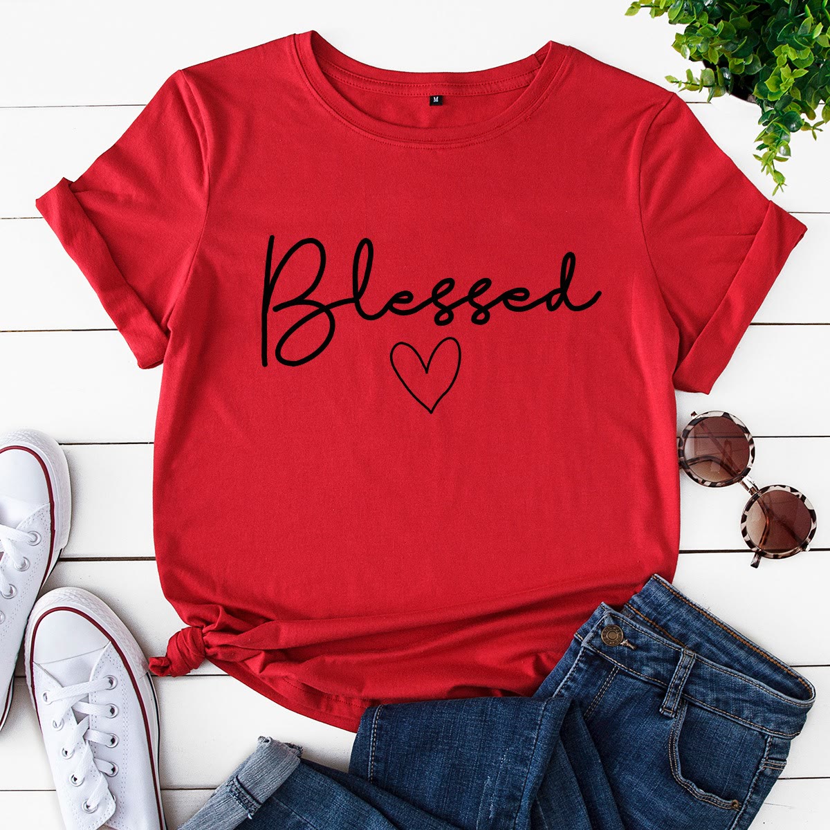 Plus Size T-Shirt mit Herzmotiv - Rot - 5XL - image 6