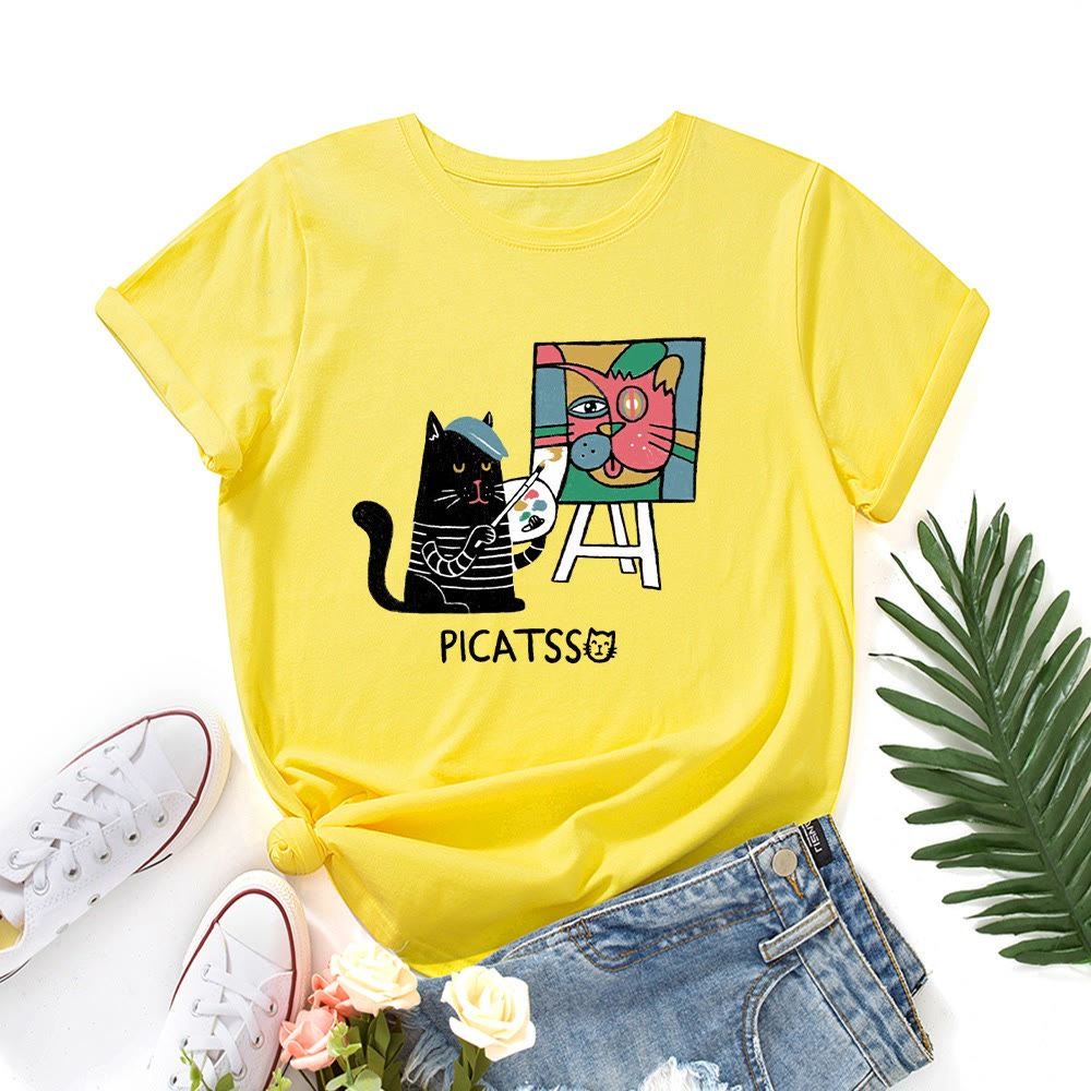 T-Shirt mit Cartoon-Katzenprint in Übergröße - Gelb - 5XL - image 4