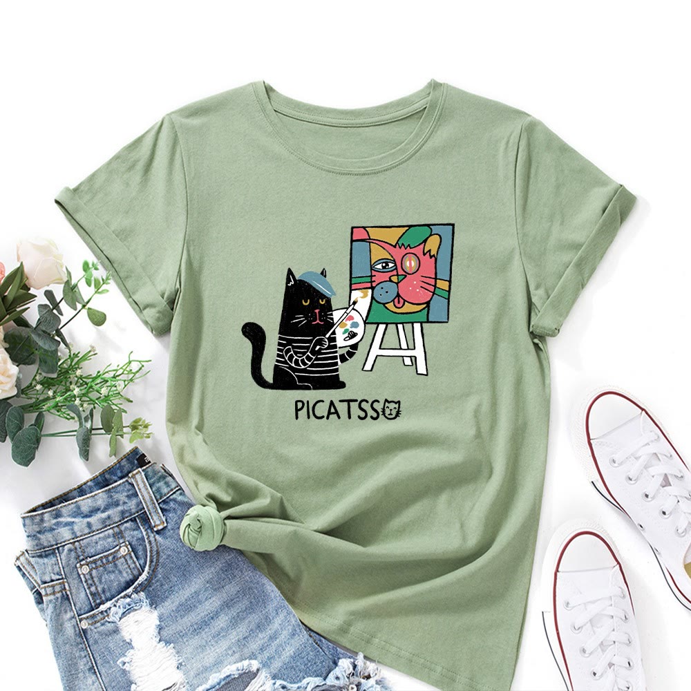 T-Shirt mit Cartoon-Katzenprint in Übergröße - Olivgrün - 5XL - image 6