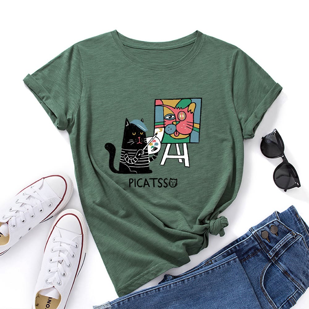 T-Shirt mit Cartoon-Katzenprint in Übergröße - Armeegrün - 5XL - image 3