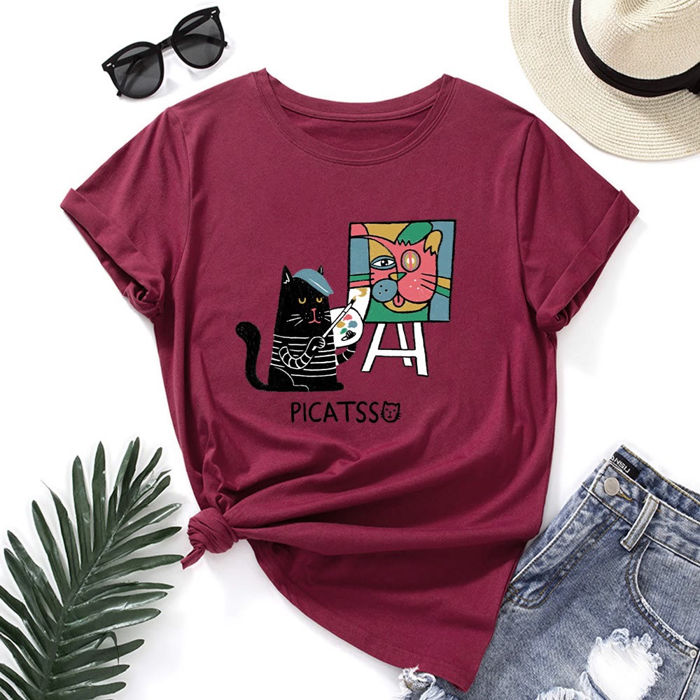 T-Shirt mit Cartoon-Katzenprint in Übergröße - Wein - 5XL - image 7