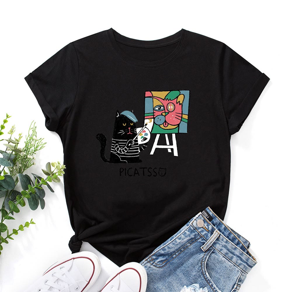 T-Shirt mit Cartoon-Katzenprint in Übergröße - Schwarz - 5XL - image 0