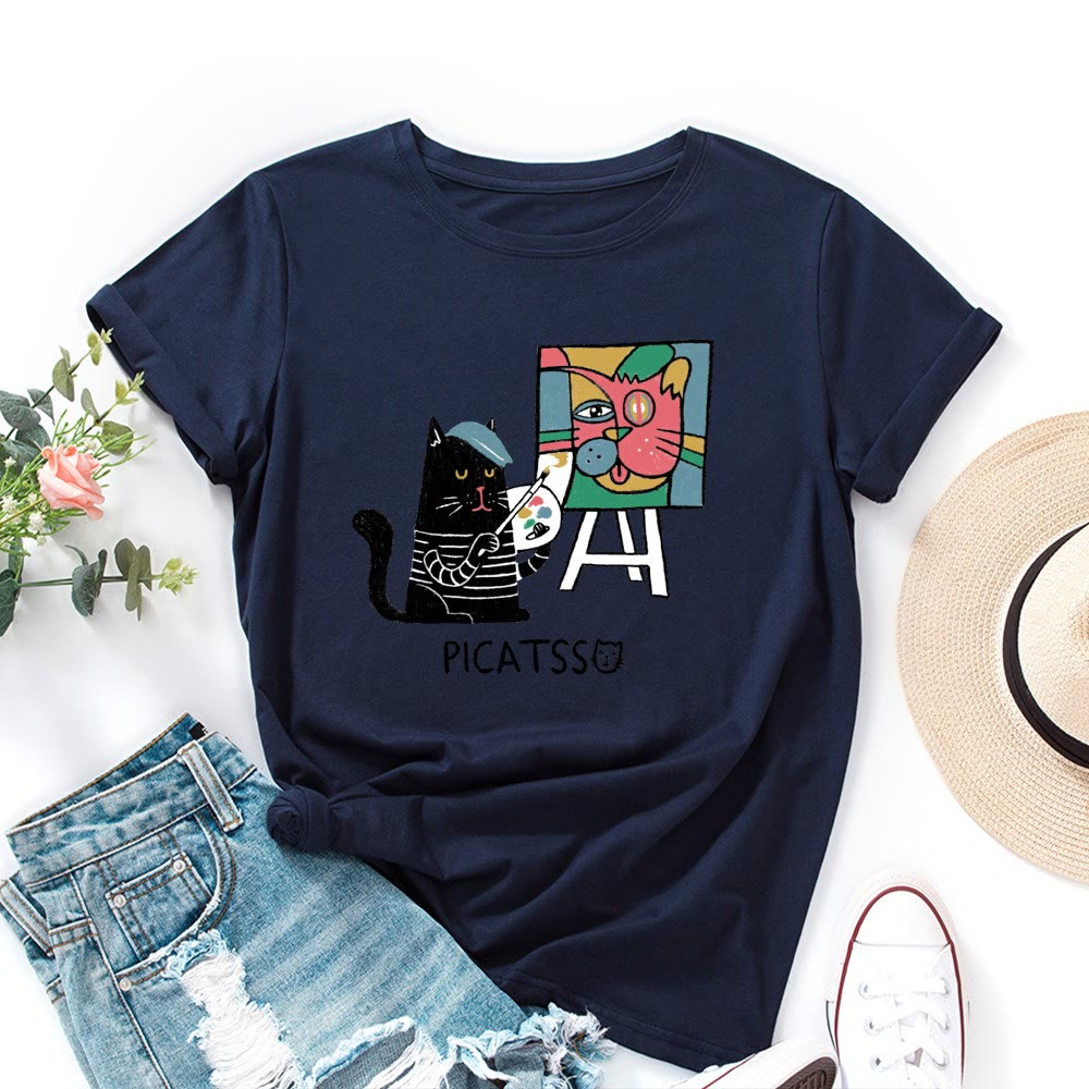 T-Shirt mit Cartoon-Katzenprint in Übergröße - Marineblau - 5XL - image 8