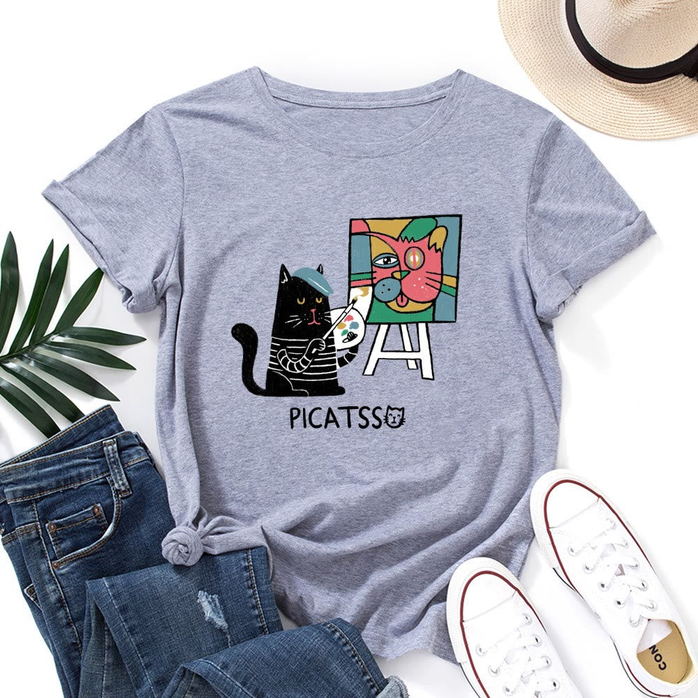 T-Shirt mit Cartoon-Katzenprint in Übergröße - Hellgrau - 5XL - image 11