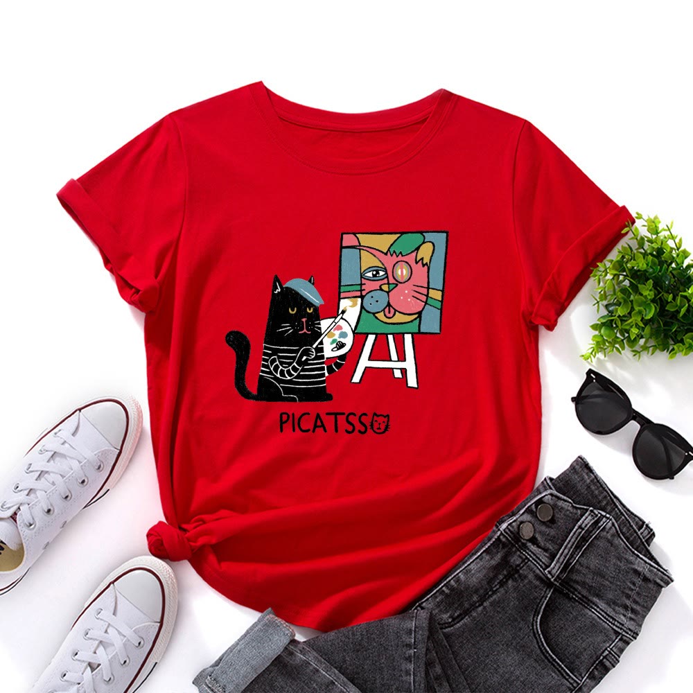 T-Shirt mit Cartoon-Katzenprint in Übergröße - Rot - 5XL - image 1