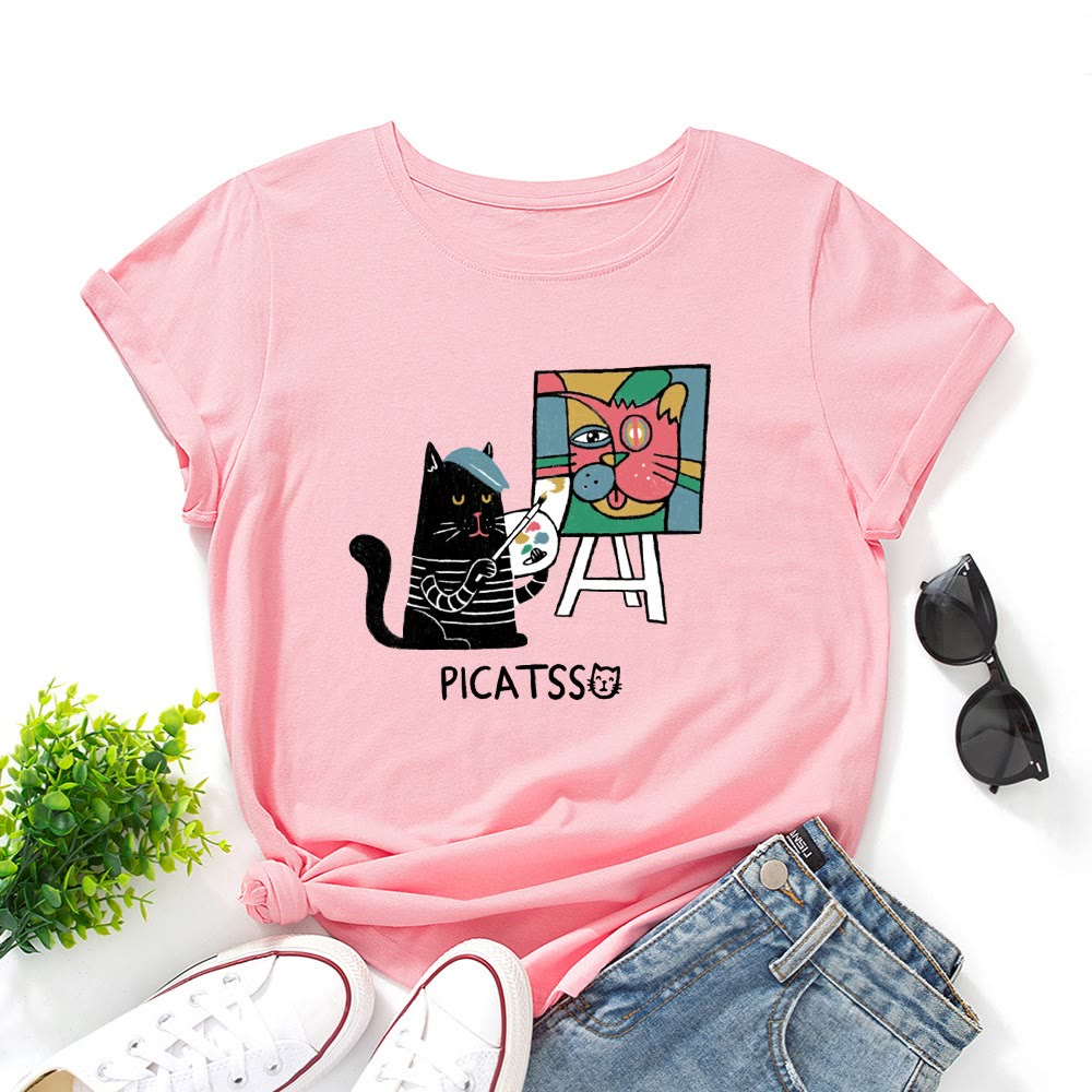 T-Shirt mit Cartoon-Katzenprint in Übergröße - Rosa - 5XL - image 5