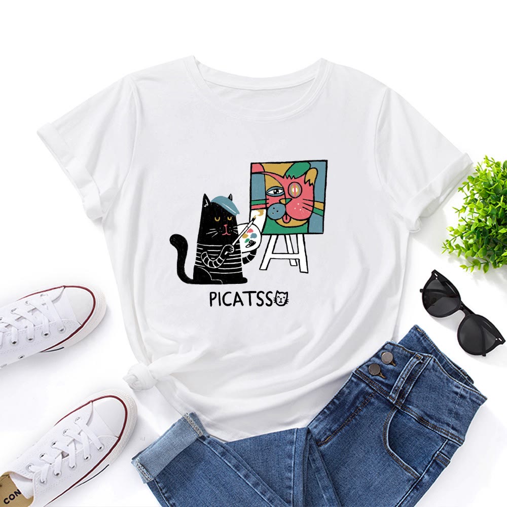 T-Shirt mit Cartoon-Katzenprint in Übergröße - Weiß - 5XL - image 2