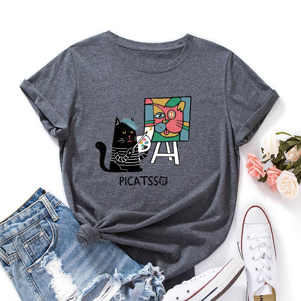 T-Shirt mit Cartoon-Katzenprint in Übergröße - Dunkelgrau - 5XL - image 10