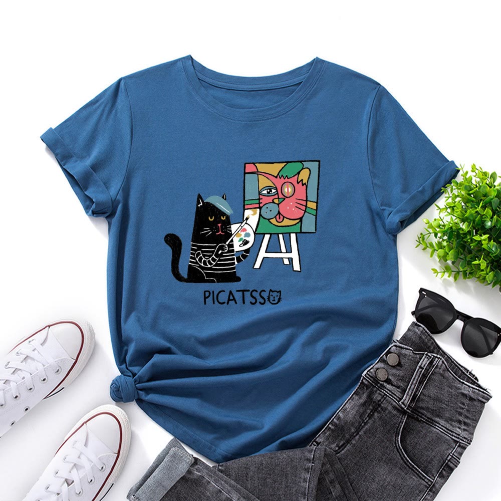 T-Shirt mit Cartoon-Katzenprint in Übergröße - Königsblau - 5XL - image 9