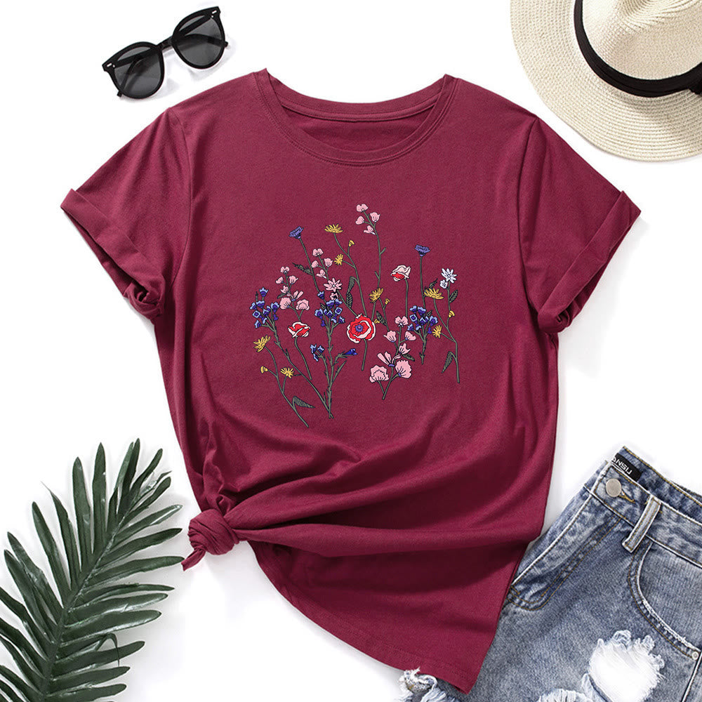 T-Shirt mit frischem Blumenmuster in Übergröße - Wein - 5XL - image 6