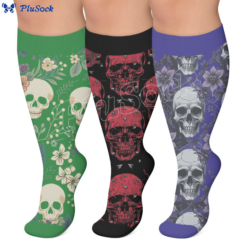Kompressionsstrümpfe mit Totenkopf-Rankenmuster in Übergröße - image 0