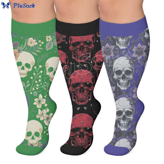 Kompressionsstrümpfe mit Totenkopf-Rankenmuster in Übergröße - image 0