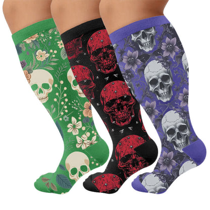 Kompressionsstrümpfe mit Totenkopf-Rankenmuster in Übergröße - Mehrfarbig (3 Paare) - 4XL - image 4