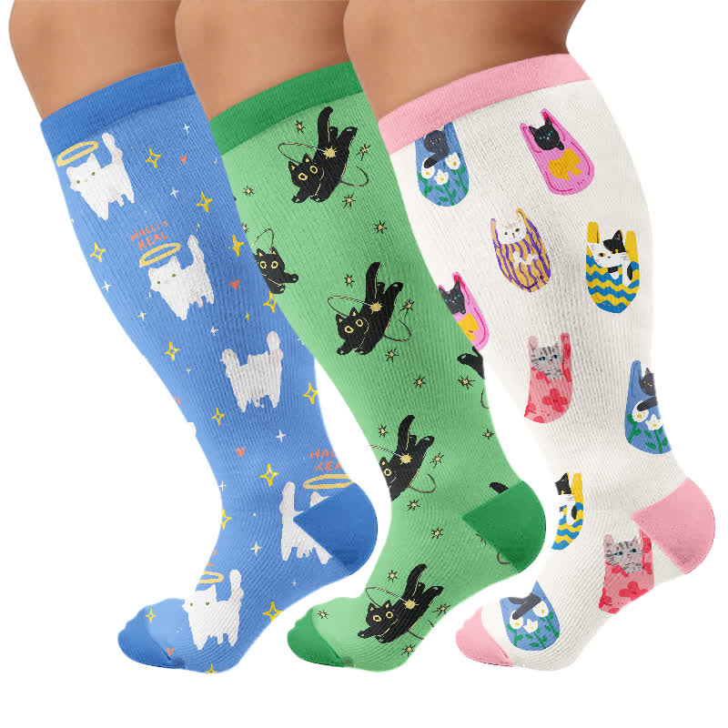 Kniestrümpfe mit Cartoon-Katze in Übergröße - Mehrfarbig (3 Paare) - 4XL - image 4