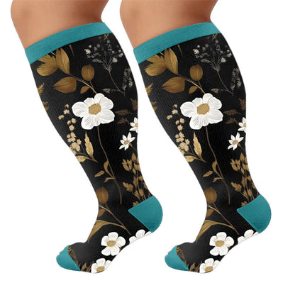 Kompressionsstrümpfe mit Blumenmuster in Übergröße und Kontrastfarben - Blau (1 Paar) - 4XL - image 10