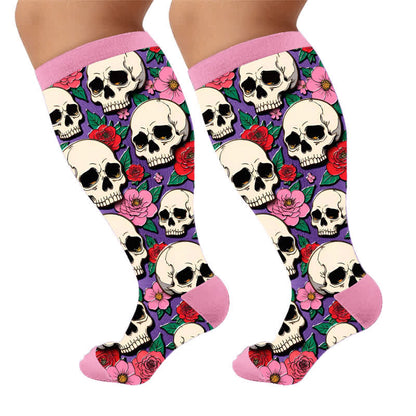 Dunkle Kompressionsstrümpfe mit Totenkopfmotiv in Übergröße - Rosa(1 Paar) - 4XL - image 9