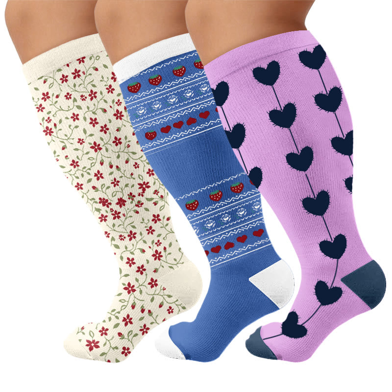 Plus Size Floral Nordic Heart Compression Socken - Mehrfarbig (3 Paare) - 4XL - image 1