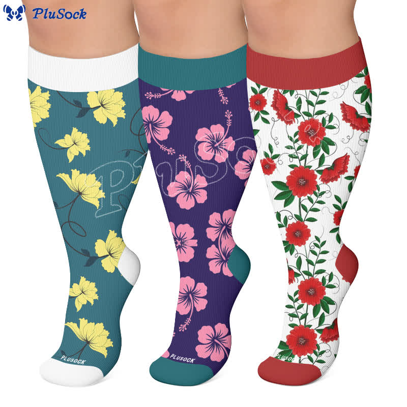 Plus Size Kompressionsstrümpfe mit lebendigen Blumen - image 0