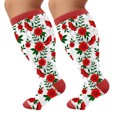 Plus Size Kompressionsstrümpfe mit lebendigen Blumen - Rot (1 Paar) - 4XL - image 10