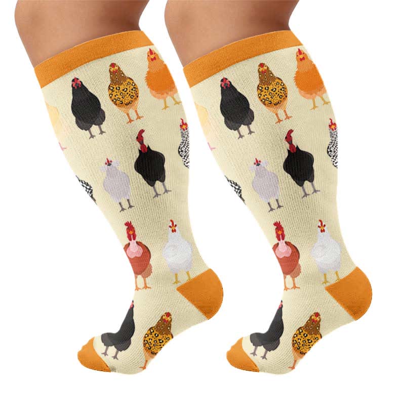 Kompressionsstrümpfe mit verspieltem Bauernhof-Vogelmotiv in Übergröße - Gelb (1 Paar) - 4XL - image 10