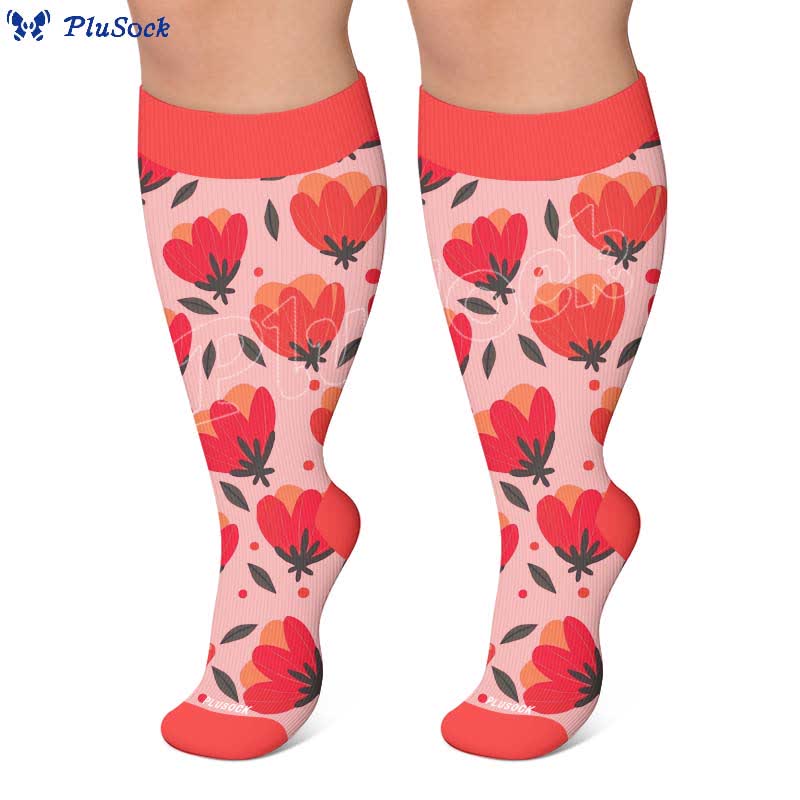 Weiße Kompressionsstrümpfe mit Blumenmuster in Übergröße - image 7