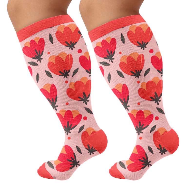 Weiße Kompressionsstrümpfe mit Blumenmuster in Übergröße - Rot (1 Paar) - 4XL - image 9
