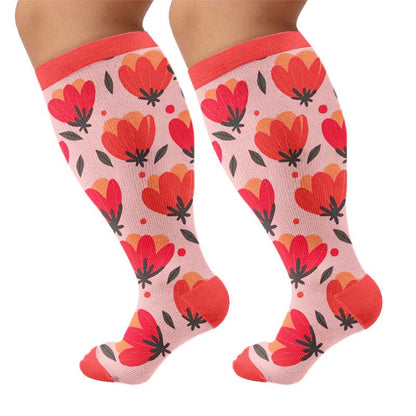 Weiße Kompressionsstrümpfe mit Blumenmuster in Übergröße - Rot (1 Paar) - 4XL - image 9