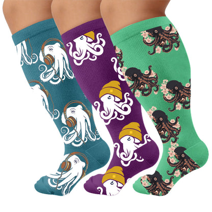 Trendige Kompressionsstrümpfe mit Oktopus-Motiv in Übergröße - Mehrfarbig (3 Paare) - 4XL - image 4