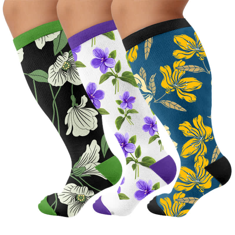 Kompressionsstrümpfe mit Blumenmuster in Übergröße - Mehrfarbig (3 Paare) - 4XL - image 4