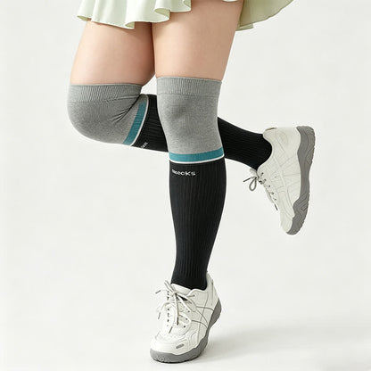 Plus Size Colorblock Rippstrick-Oberschenkelhohe Kompressionsstrümpfe - Grau - EU35-40 (US2-7) - image 3