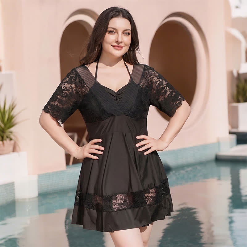 Schwarzes Badekleid mit Spitzenärmeln - image 3