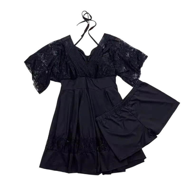 Schwarzes Badekleid mit Spitzenärmeln - image 7
