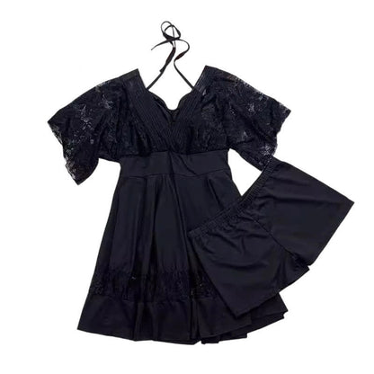 Schwarzes Badekleid mit Spitzenärmeln - image 7