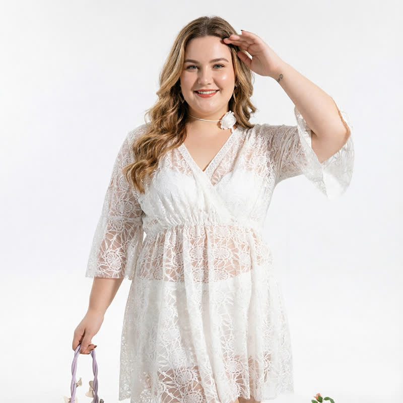 Schwarzes Strandkleid aus Spitze mit tiefem V-Ausschnitt - Weiß - 5XL - image 2
