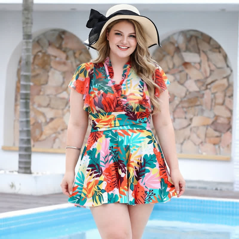 Elegantes zweiteiliges Badekleid aus Mesh mit schulterfreiem Ausschnitt - Orange - 5XL - image 1
