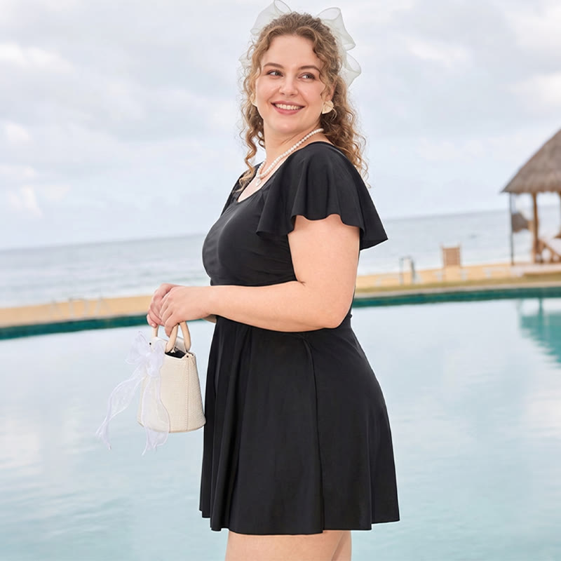 schulterfreies Badekleid mit Rüschenärmeln - Schwarz - 5XL - image 3