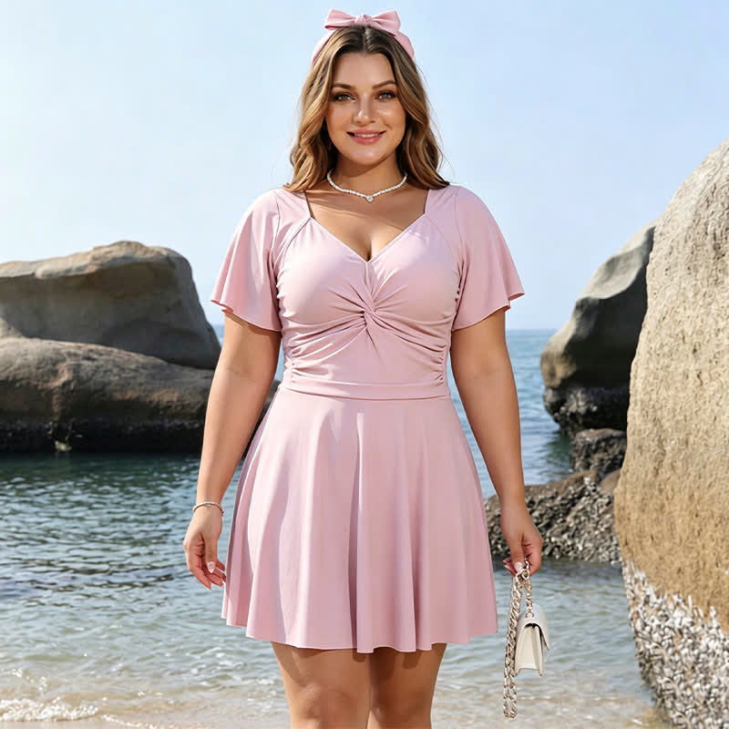 Rosafarbenes, gerafftes Badekleid mit V-Ausschnitt - Rosa - 6XL - image 0