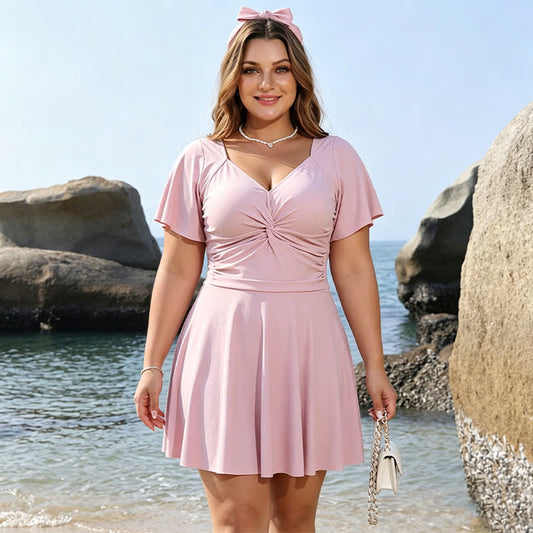 Rosafarbenes, gerafftes Badekleid mit V-Ausschnitt - Rosa - 6XL - image 0