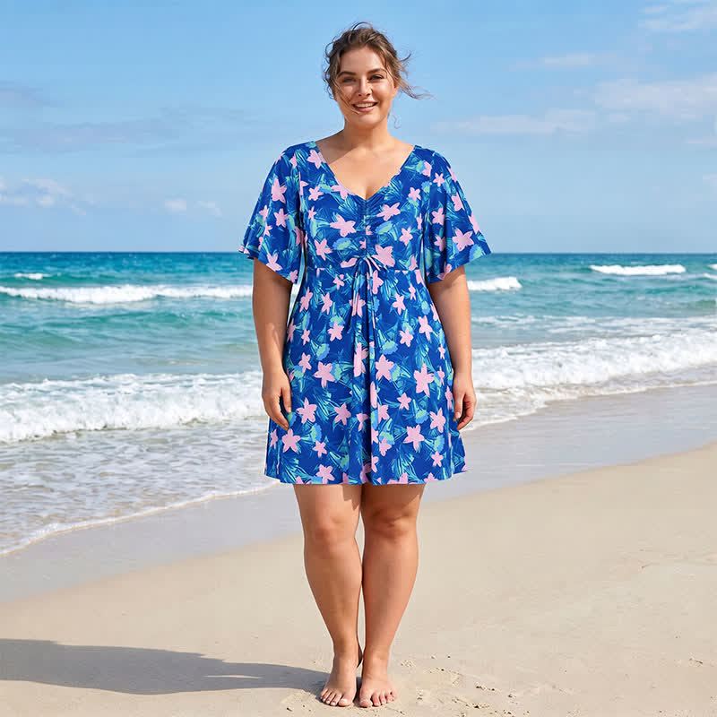 Tropisches Blumen-Badekleid mit V-Ausschnitt - image 0