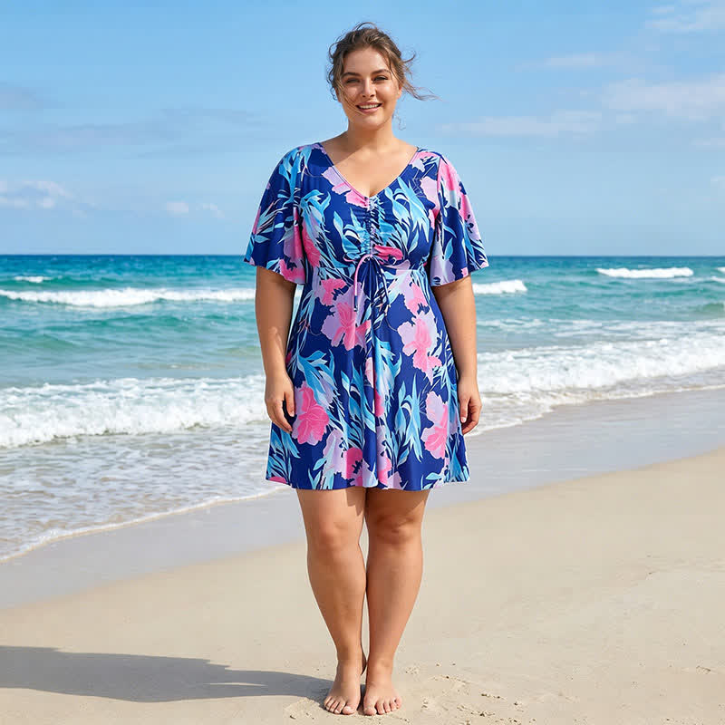 Tropisches Blumen-Badekleid mit V-Ausschnitt - image 1