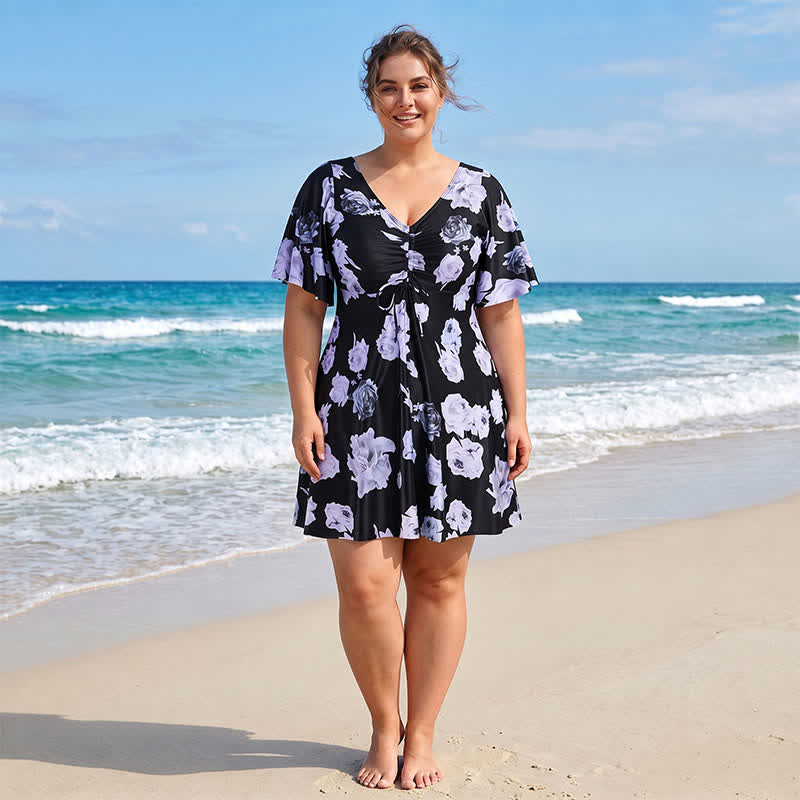 Badeanzug mit V-Ausschnitt, floralem Muster und Twist-Vorderseite - B - 7XL - image 2
