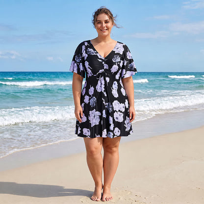 Badeanzug mit V-Ausschnitt, floralem Muster und Twist-Vorderseite - B - 7XL - image 2