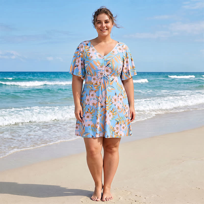 Badeanzug mit V-Ausschnitt, floralem Muster und Twist-Vorderseite - A - 7XL - image 1