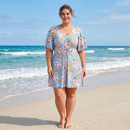 Badeanzug mit V-Ausschnitt, floralem Muster und Twist-Vorderseite - A - 7XL - image 1