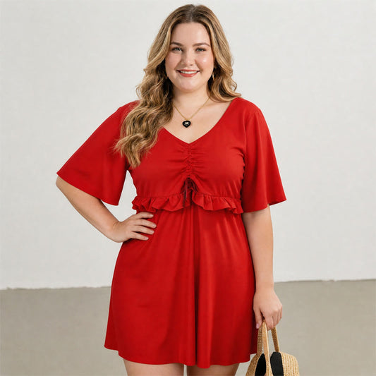 Badekleid mit Rüschenärmeln und V-Ausschnitt - Rot - 5XL - image 0